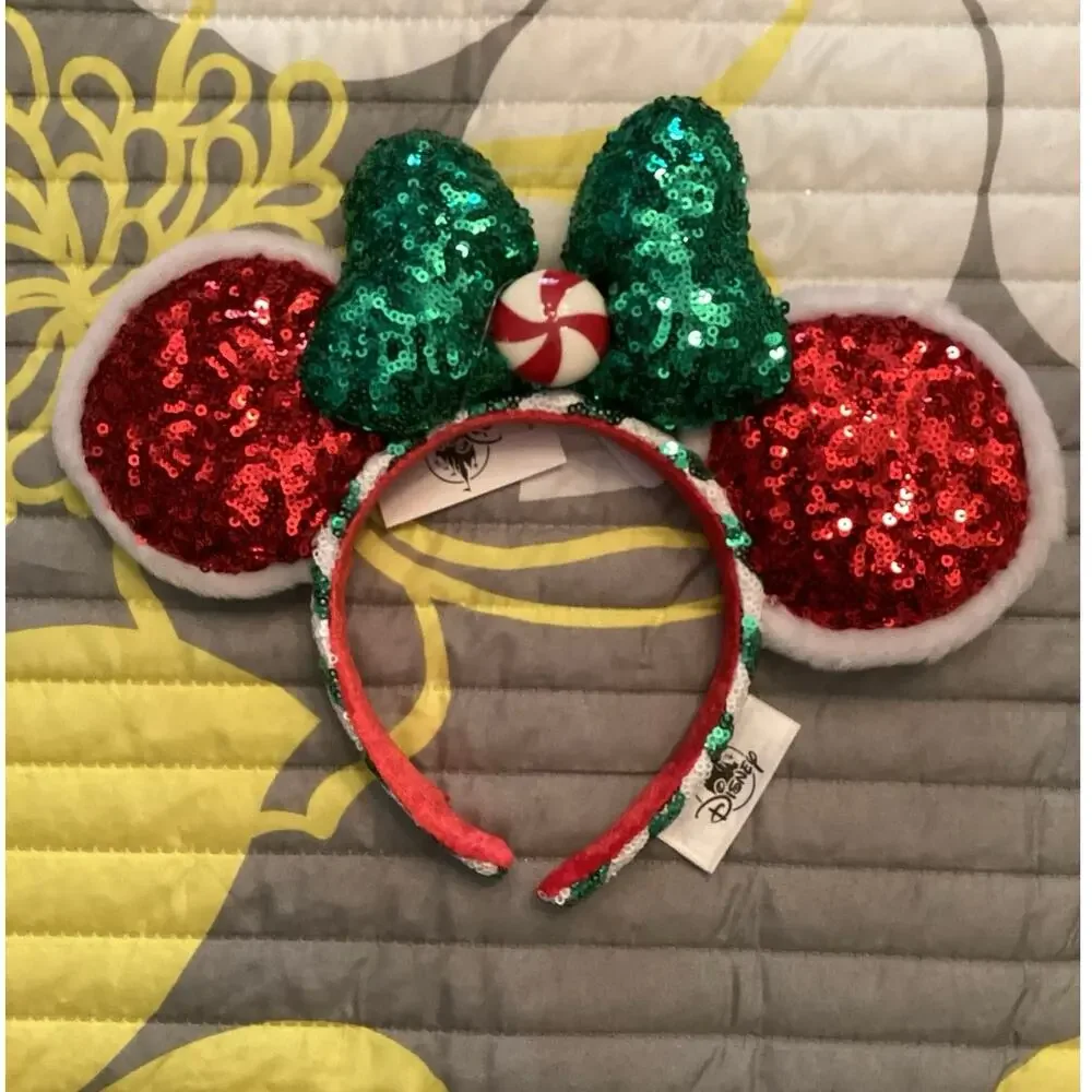 NWOT Disney Parks Holiday Peppermint Twist Sequins Red Green Ear Headband